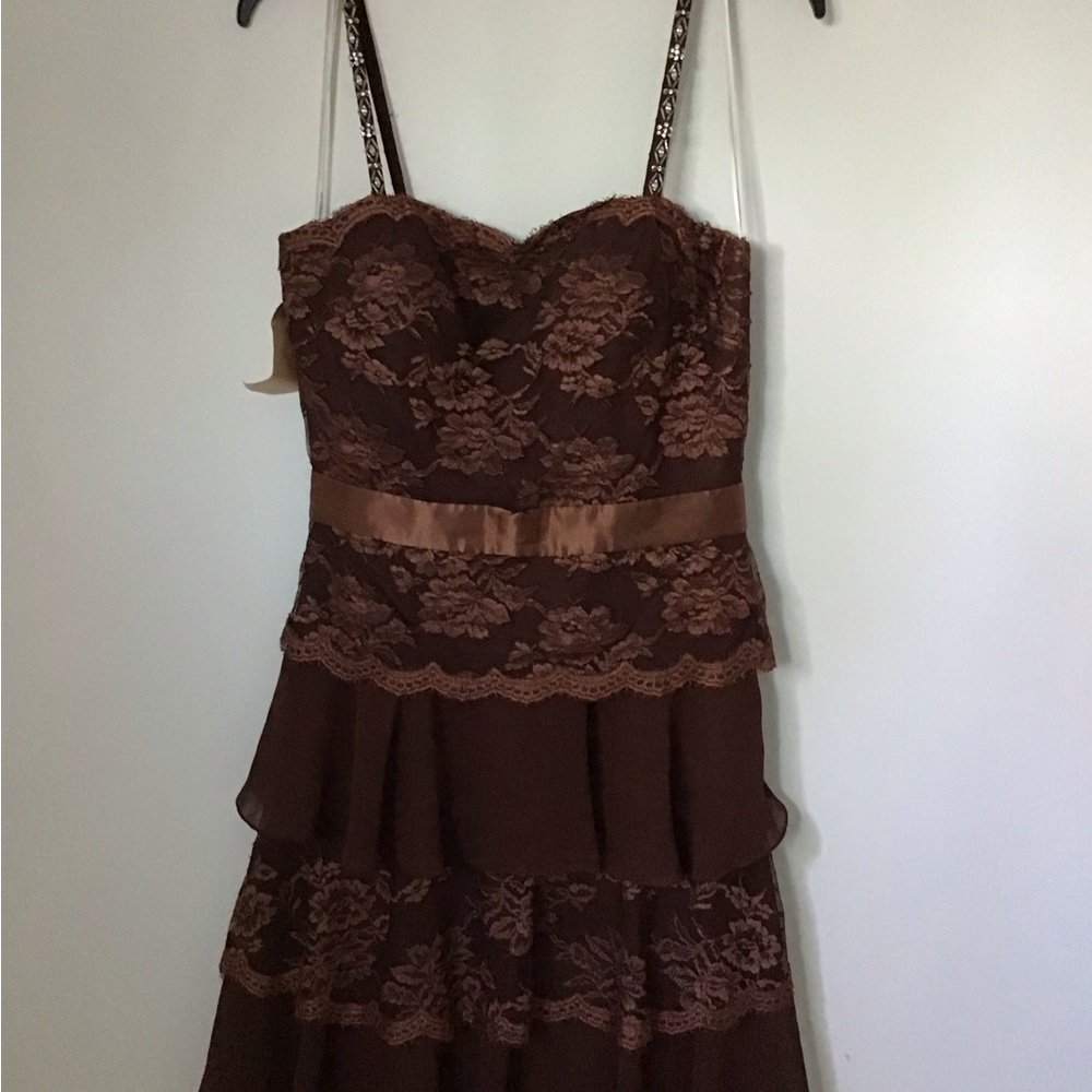 Strapless Brown Lace Tiered Dress with Satin Waist